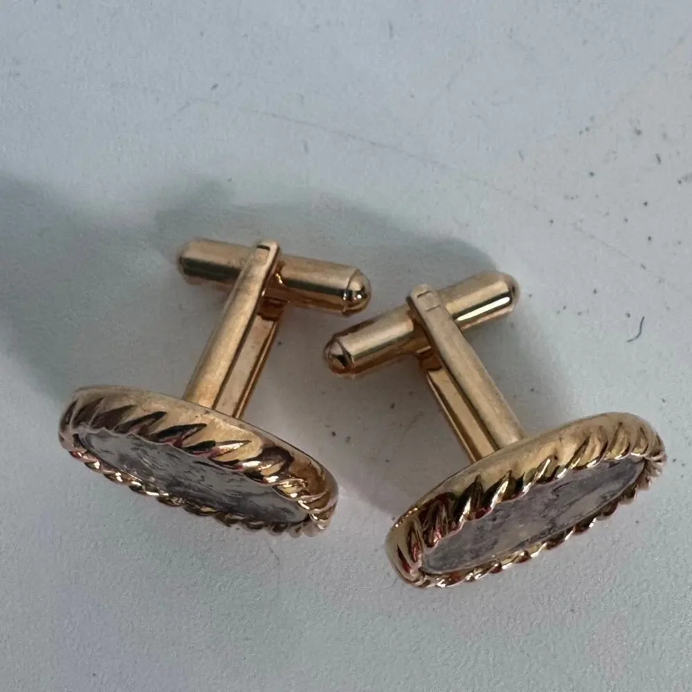 Vintage Pair Of Silver Mercury Dime Cuff Links 1936 & 1943 in Gold w/ Tie Clip